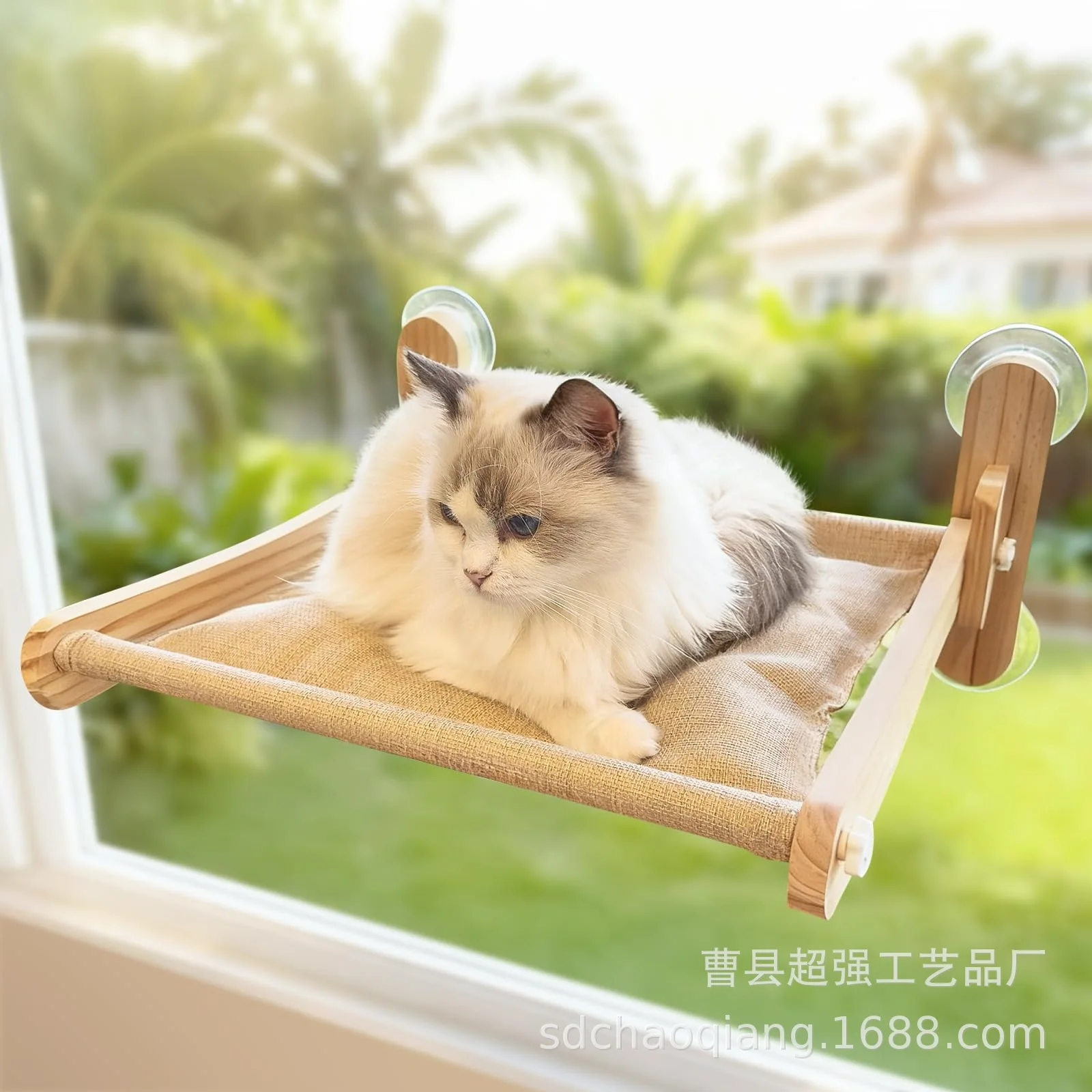 Foldable Wooden Suction Cup Cat Window Hammock Breathable Water Resistant Hanging Bed Indoor Sunbathing Resting