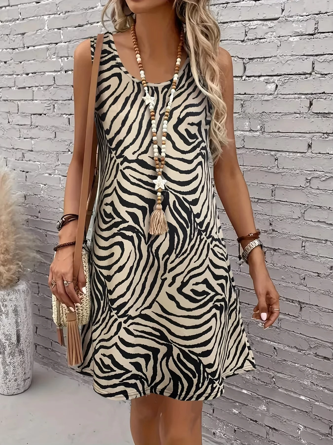 Damen-Trägerkleid mit Zebramuster, ärmellos, Rundhalsausschnitt, Sommer-Sommerkleid, lässiges Urlaubsoutfit, dehnbares Minikleid, Y2k-Kleidung, T-Shirts