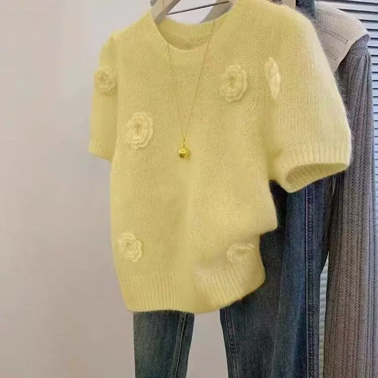 

Женский свитер с коротким рукавом и круглым вырезом, летний пуловер с трехмерными цветами, 2024