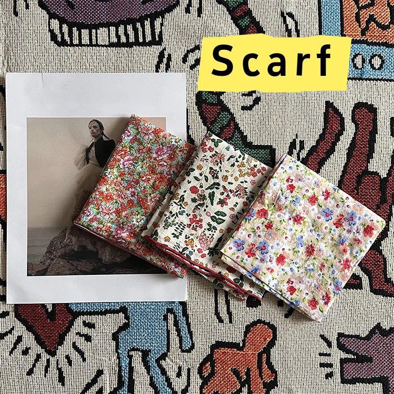 Summer New Women's Small Silk Scarf Bohemian Small Square Scarf Korean Version Versatile Flower Print Scarf Women's Accessories