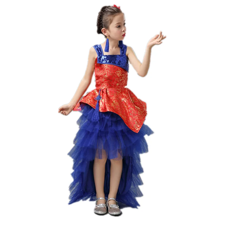 Girl short sleeve red blue tutu China dress Tang Dynasty Chinese traditional dance dress costume for children kid clothing