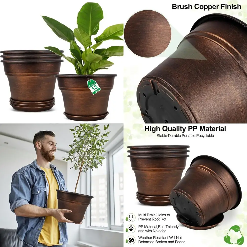 

plant planters pots set of 4 pack 13 inch，large plastic flower pot for indoor plants with drainage holes & trays, resin decorati