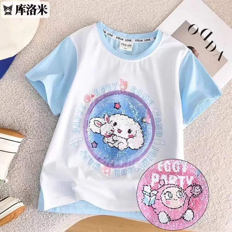 Kawai Anime Sanrios Kuromi Cartoon Cinnamoroll Kinderen Katoenen T-Shirt Losse Veelzijdige Tops Casual Zomer Kinderkleding