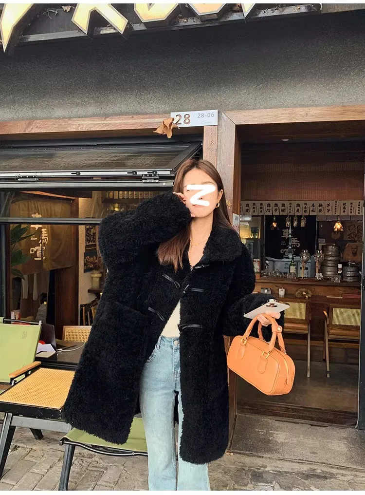 100 Sheep Wool Cow Horn Button Fur Coat Women's Fur One-Piece Medium To Long Style Jacket