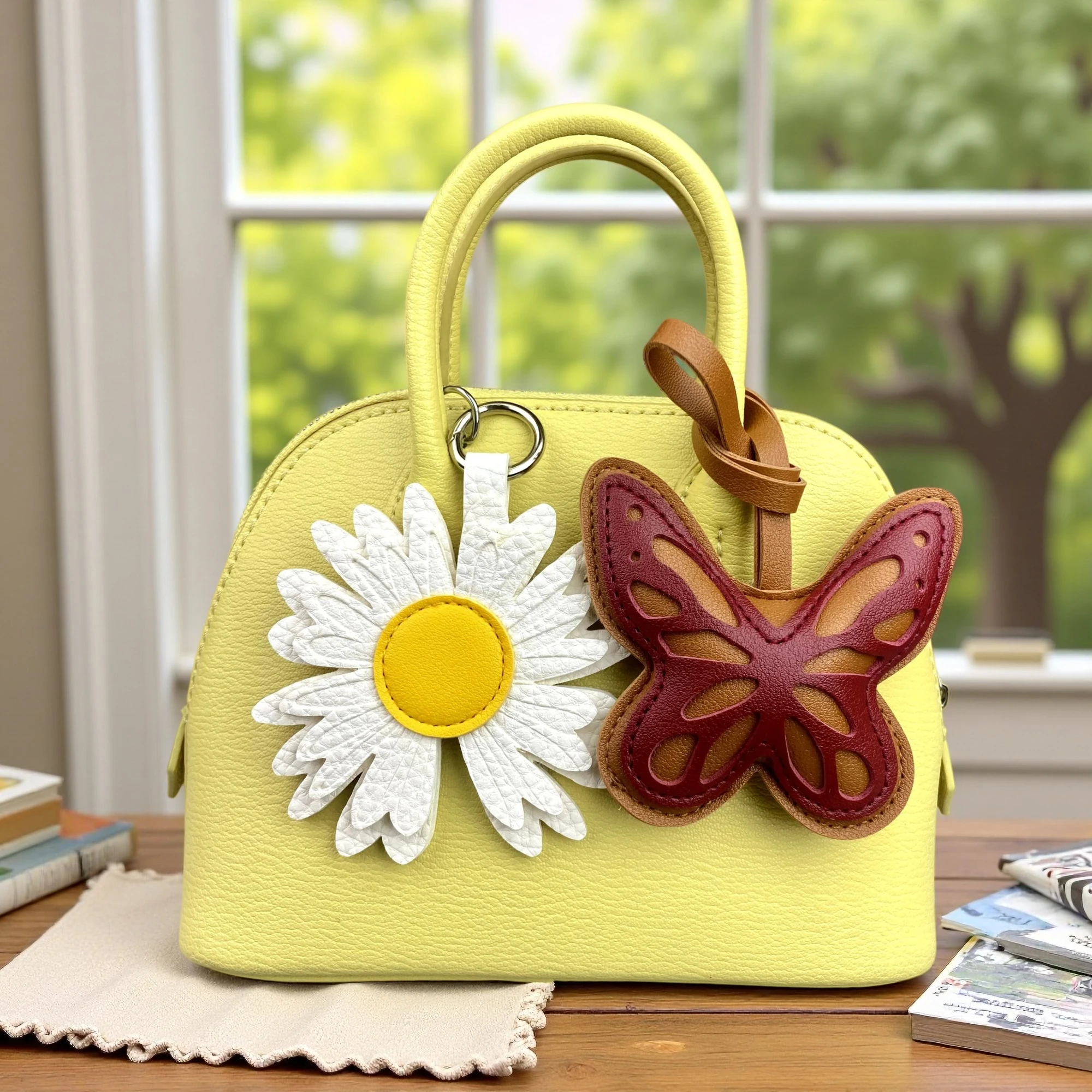 Elegant PU Leather Floral Butterfly Keyring Bag Charm Set, Flower & Laser-Cut Butterfly Pendant, Artistic Butterfly Bag Charm