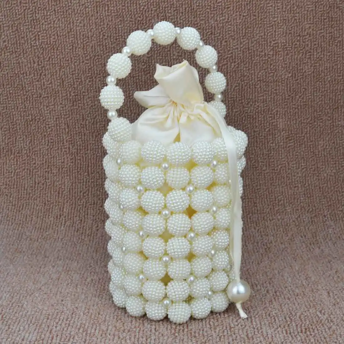 Handmade Pearl Beaded Tote Bag Elegant Evening Purse for Wedding Bridal Shower Party Satin Lined Clutch with Handle Ivory