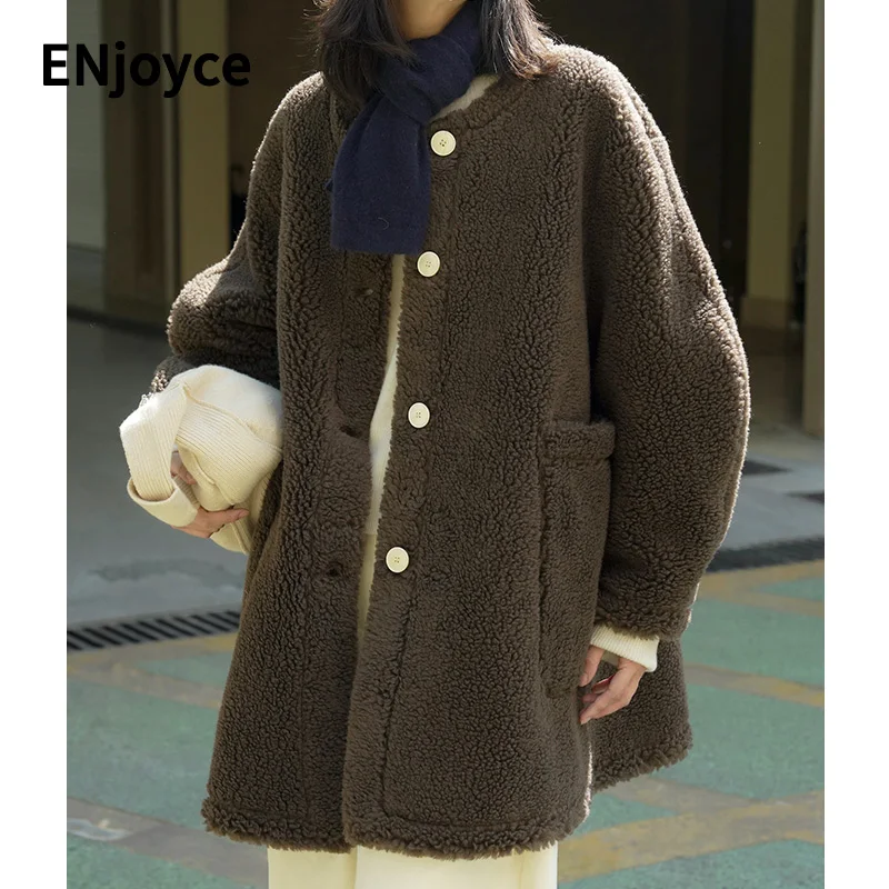 

Winter Vintage Coffee Wool Lambswool Single-breasted Overcoat Women Korean Fashion Loose Warmer Thicken Coat Jackets