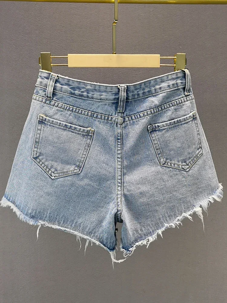 Vaqueros cortos para mujer, cintura alta, diamantes desgastados, borla, pierna ancha holgada, pantalones cortos vaqueros de lujo, moda Primavera 2025, faldas Y2k