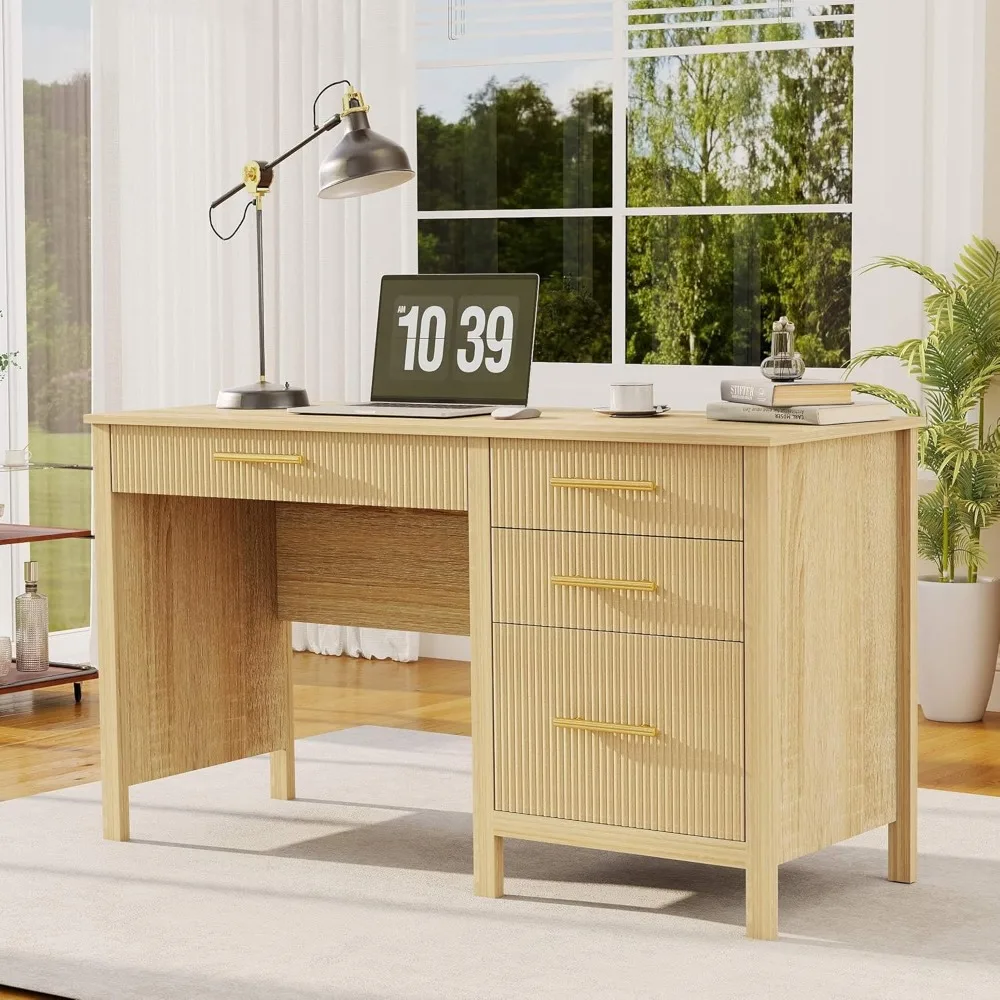 

Large Wooden Desk with 3 Drawers Modern: 54" Oak Executive Office Desk with File Drawer, Wood Computer Desks with Storage, Flute