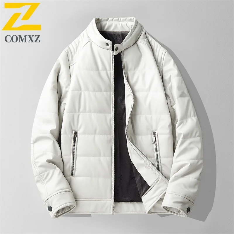 

Men's Thermal PU Leather Jacket Windproof Waterproof Slim-Fit Stand Collar Winter Coat Quilted Puffer Style Casual Outerwear2025