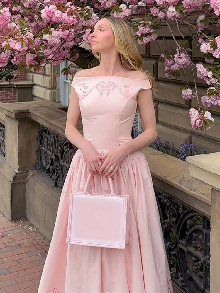 Schulterfreies, besticktes, tailliertes langes Kleid für Damen – Luxuriöses, weit ausgestelltes, schmales Party- und Abendkleid – Elegantes Damen-Vestido Longos – Detail 16