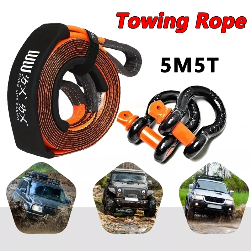 5M 5T Off Road Tow Strap Tow Rope Heavy Duty High Strength Recovery Emergency Towing Rope Cable Strap with 2 Hooks