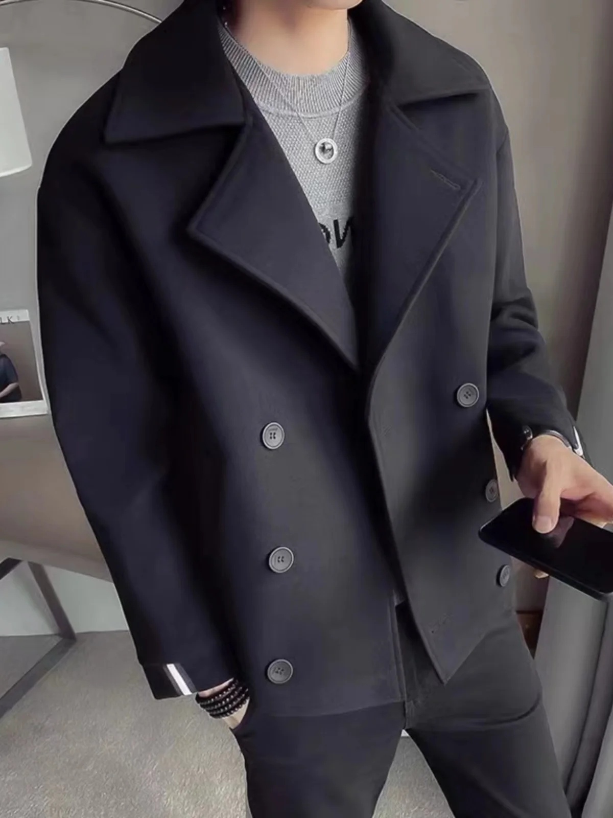 

Men's ort Double-breasted Woolen Coat Trendy Slim Fit Faionable Spring Autumn New Sle Windbreaker Youth ular Pure Color