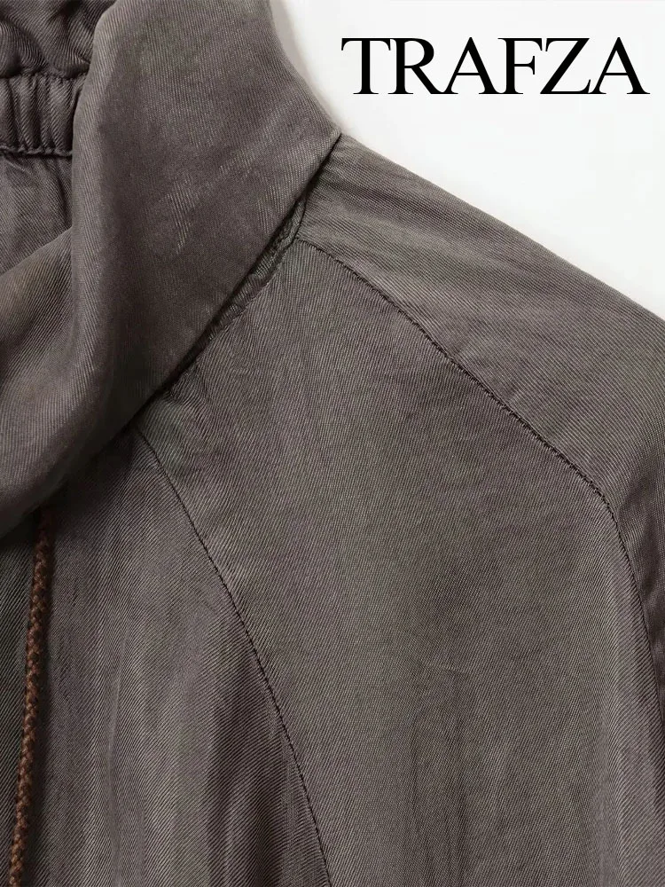 

TRAFZA Women's Autumn Fashion Solid Standing Collar Drooping Bomber Jacket Female Loose Versatile Zipper Pocket Casual Jacket