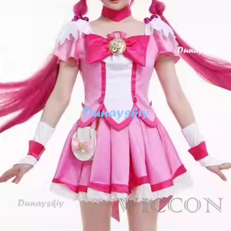 Hoshizora Miyuki Precure Cure Happy Cosplay-Kostüm für Damen, Bow Battlesuit Cosplay-Kostüm-Outfits mit Perückenzubehör für die Taille