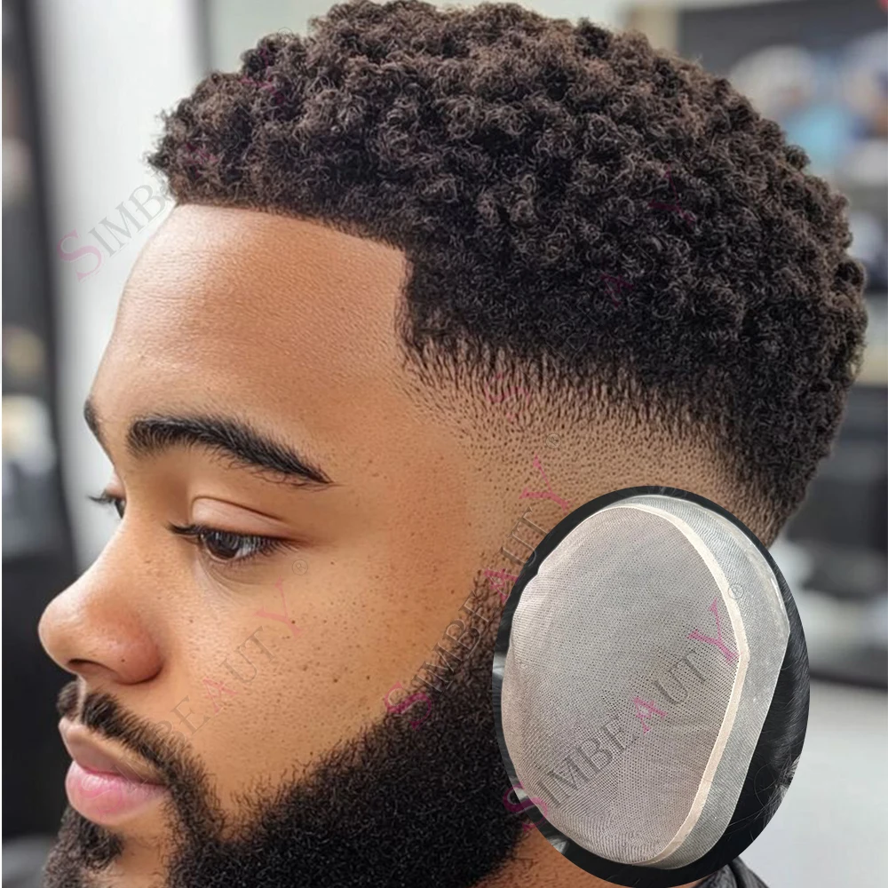 Afro Toupee Men's Capillary Prothesis Fine Mono PU Men Toupee 6mm Kinky Curly Human Hair  Natural Hairline System Unit Hairpiece
