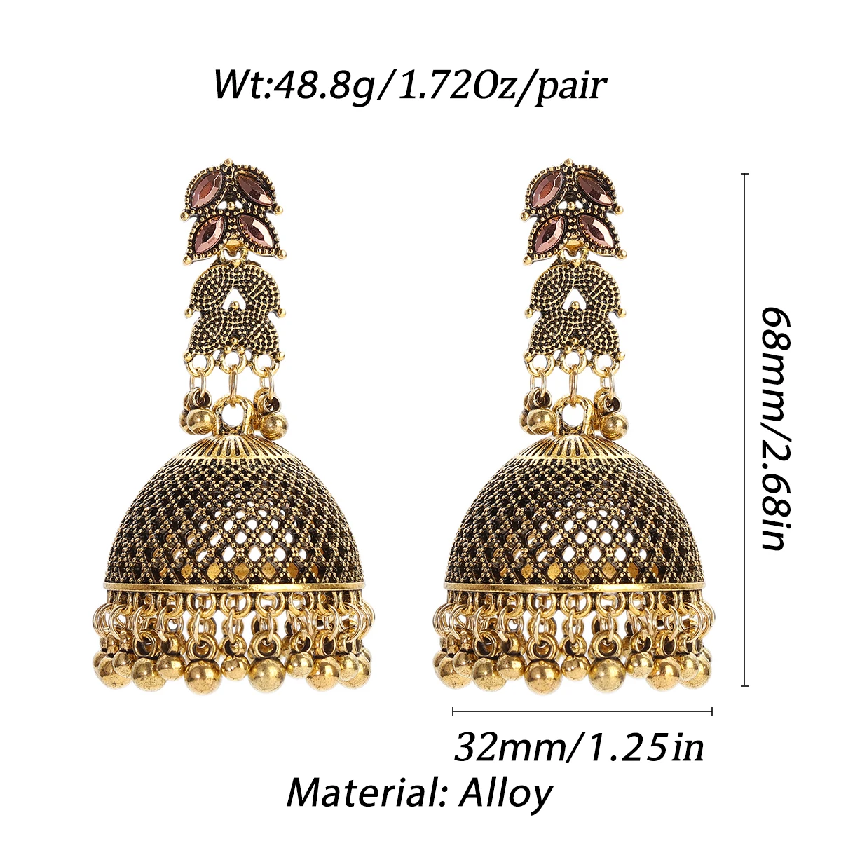 Ethnic Gold Color Big Bell Dangle Earrings for Women Vintage Jewelry Pink Zircon Hollow Bells Carved Earrings Indian Earrings
