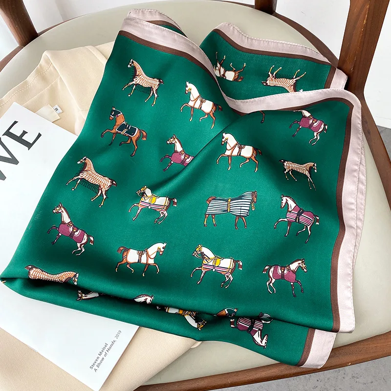 2024 Horse Print Silk Neck Scarf Female Square Hair Scarves Foulard Head Band Shawls Wraps Neckerchief Bandana Women