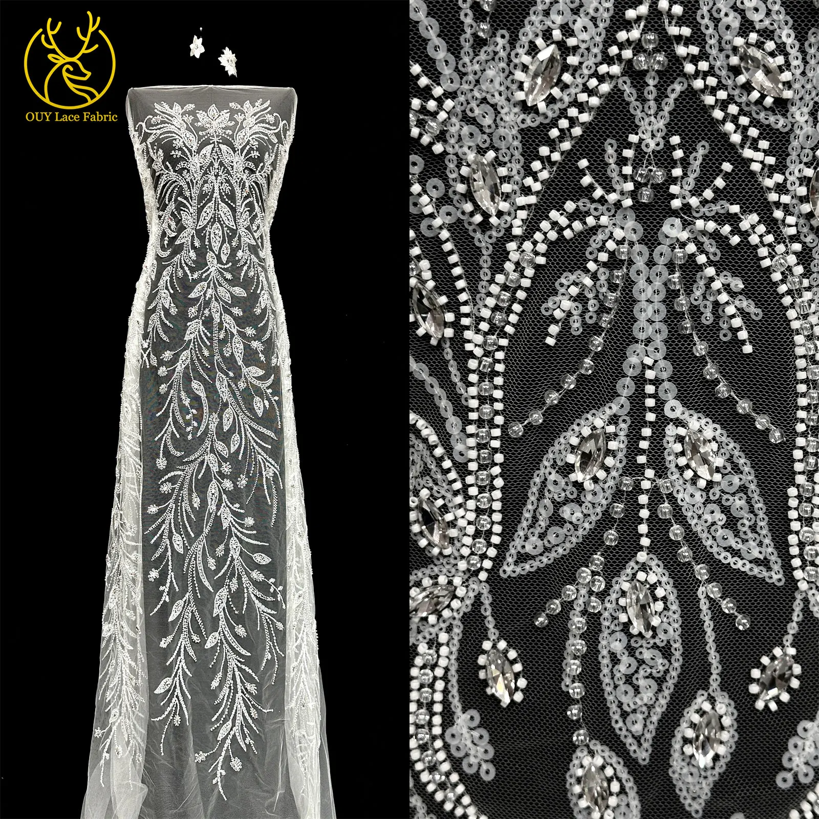 Nigerianisches weißes Hochzeitskleid Tüll-Mesh-Spitzenstoff Hochwertiger französischer Stein-Spitzenstoff Afrikanischer Perlen-Pailletten-Spitzenstoff – Detail 13