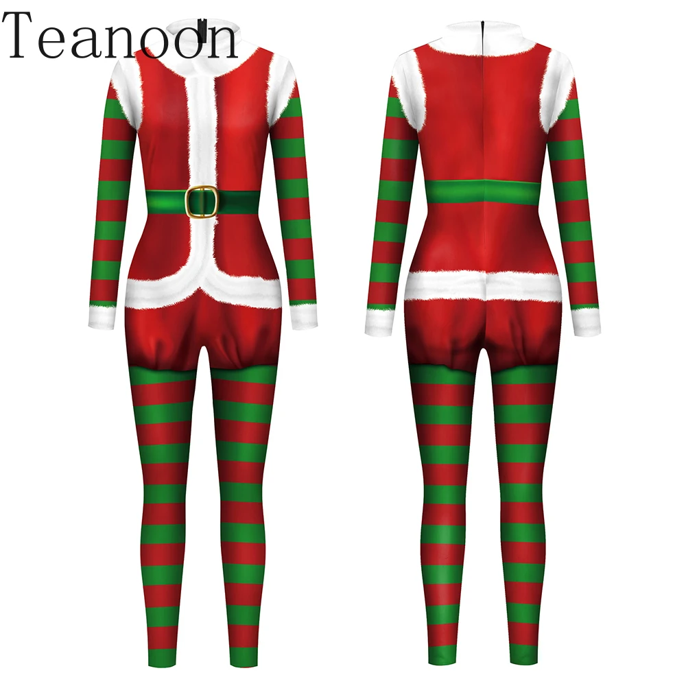 Xmas Red Jumpsuit Women Santa Claus Cosplay Costume 3D Printing Party Bodysuit Spandex Elastic Zentai Suit Adult Catsuit