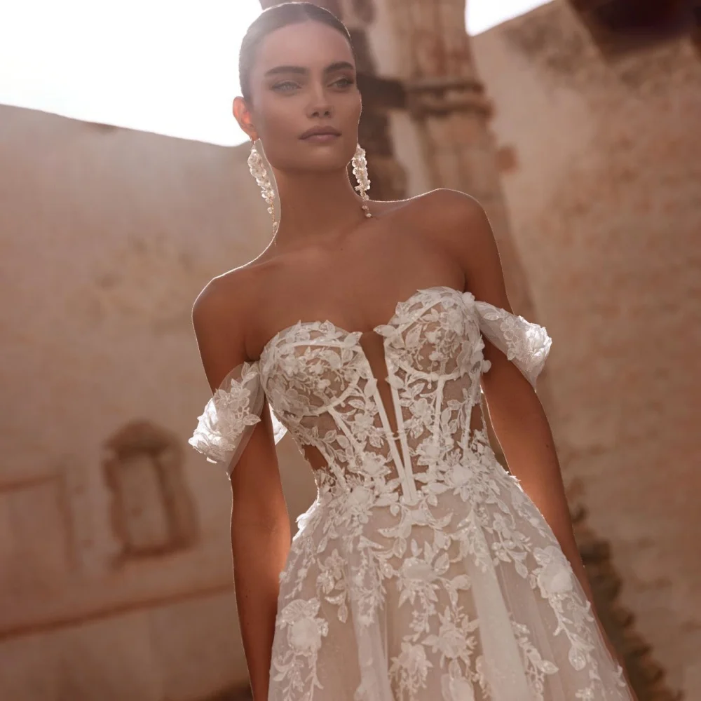 맞춤형 오프숄더 지퍼 웨딩드레스 여성용 V넥 매력적인 심플 레이스 아플리케 신부 드레스 베스티도스 데 노비아