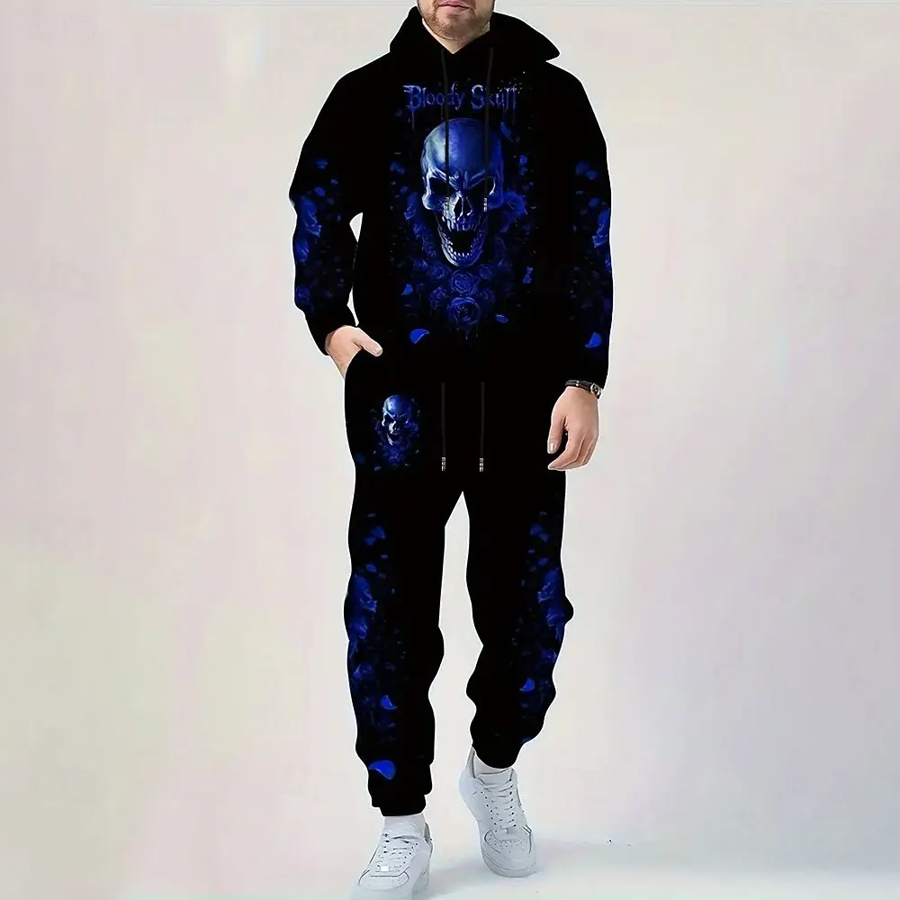 Conjuntos de sudaderas con capucha con estampado de calavera 3D para hombre, sudadera y pantalones de otoño e invierno, traje de 2 piezas, chándales informales de alta calidad a la moda