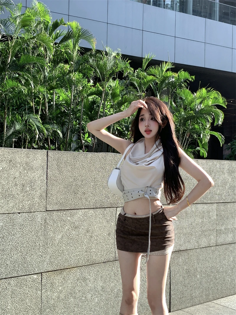 สไตล์ฝรั่งเศสสาวร้อนชุดสตรีฤดูร้อน Halter คอ Tank Top เอวสูงกระโปรงมินิ 2 ชิ้นชุดแฟชั่นเสื้อผ้าหญิง