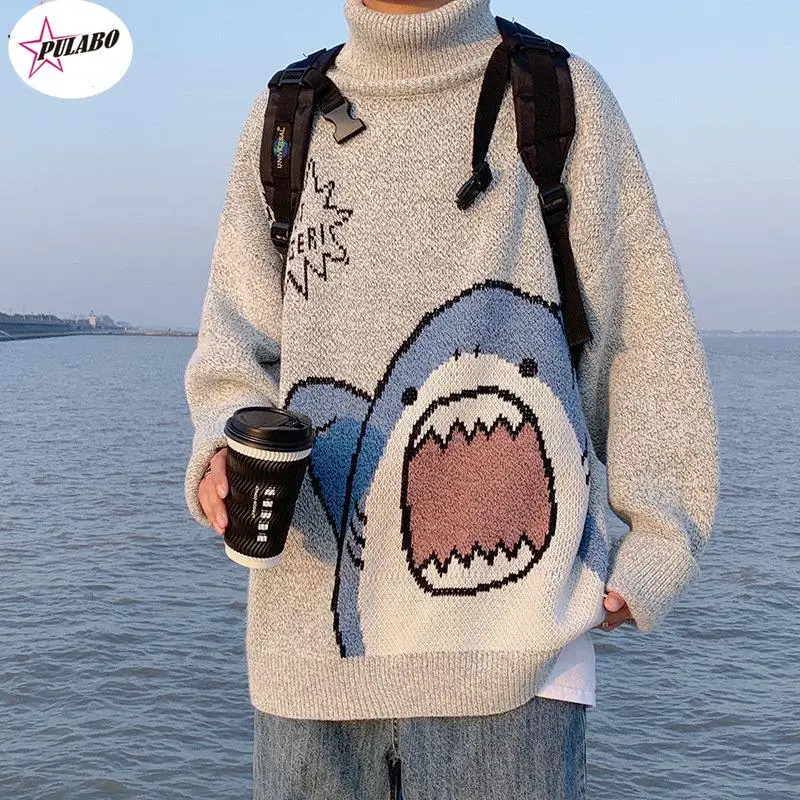 PULABO y2k Men Turtlenecks Shark Sweater Men Winter Patchwor Harajuku Korean Style High Neck Oversized Grey Turtleneck For Men