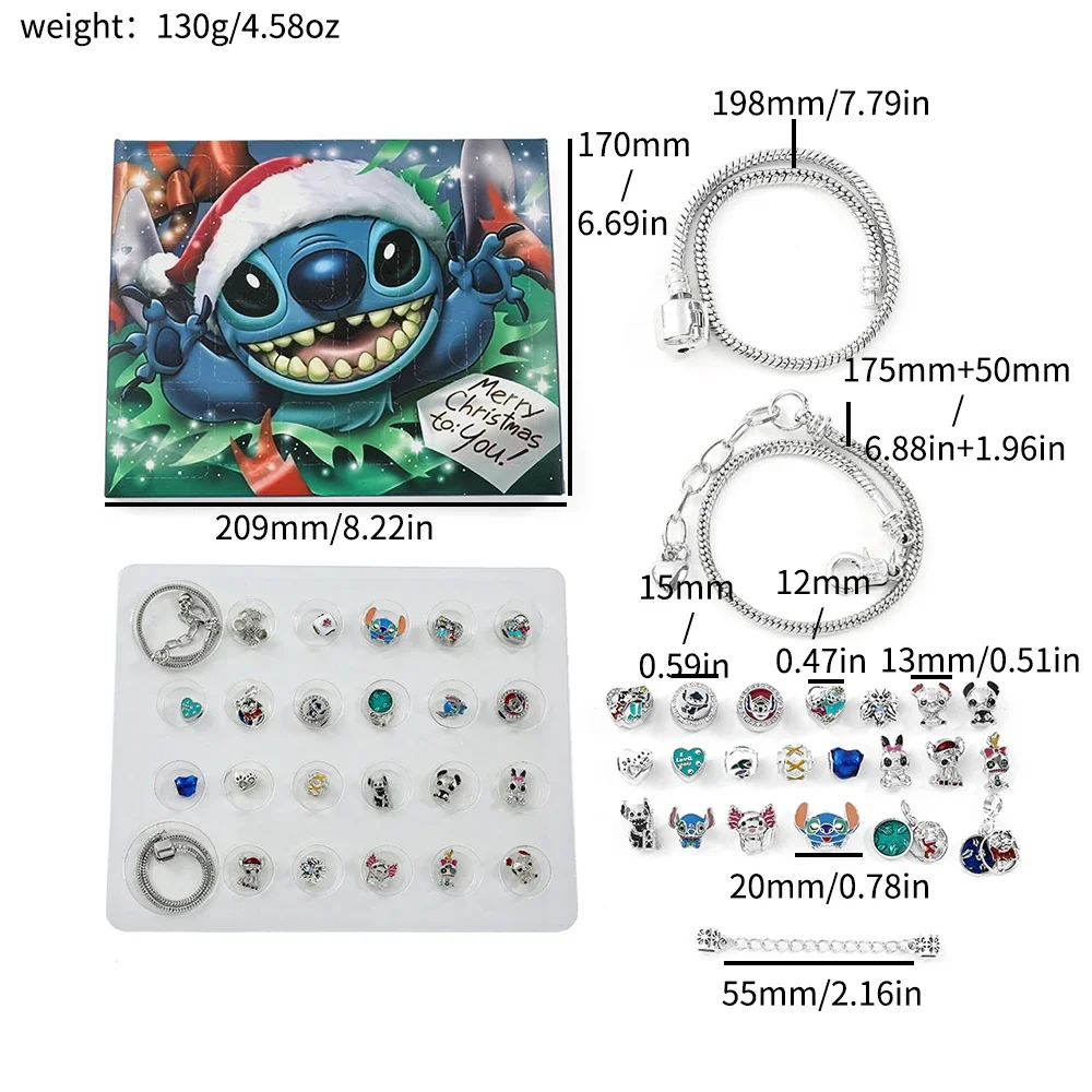 Disney Stitch Christmas Gift Box Lilo & Stitc 24 Days Christmas Advent Calendar Toy Cartoon Anime Bracelet Child Fashion Jewelry