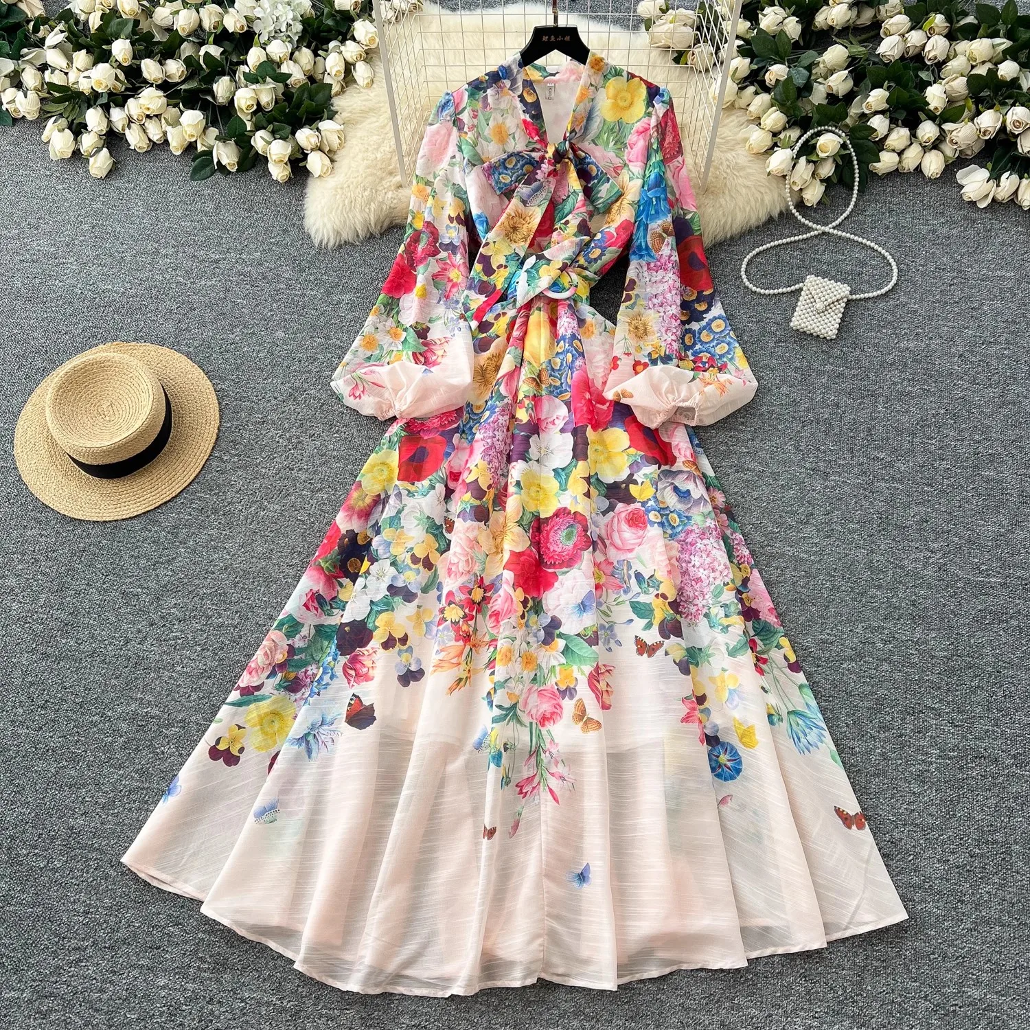 

Autumn Gorgeous Flower Luxury Overlay Print Holiday Dress Women's Bow Neck Lantern Sleeve Lace Up Belt Long Party Robe Vestidos