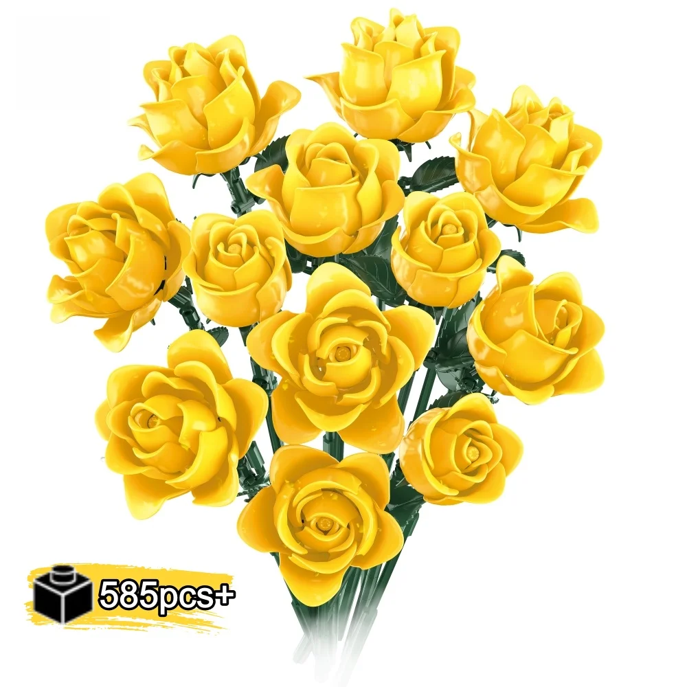 

NEW Yellow Rose Bouquet Building Blocks Set DIY Ornament Romantic Creative tabletop decoration Valentine Christmas Gift 585PCS