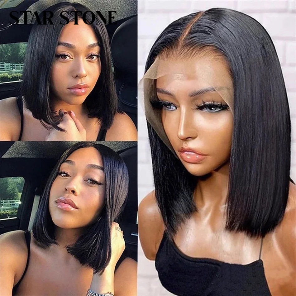 STAR STONE Wig Short Straight Bob Wig Brizilian Human Hair 13x4 Lace Front Wig #1B Pre Plucked 180% Density For Woman Remy Hair