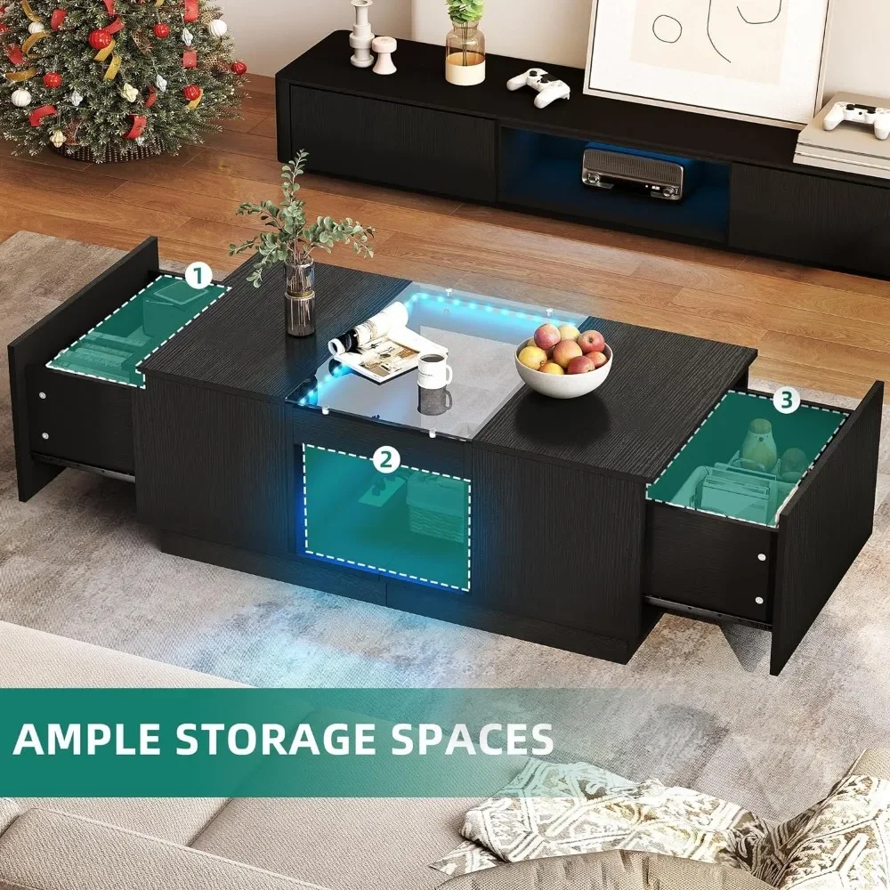 Coffee Table with Storage with LED Lights, 2 Tiers and 2 Drawers, Large Tables with USB Ports and Type-C, Coffee Table