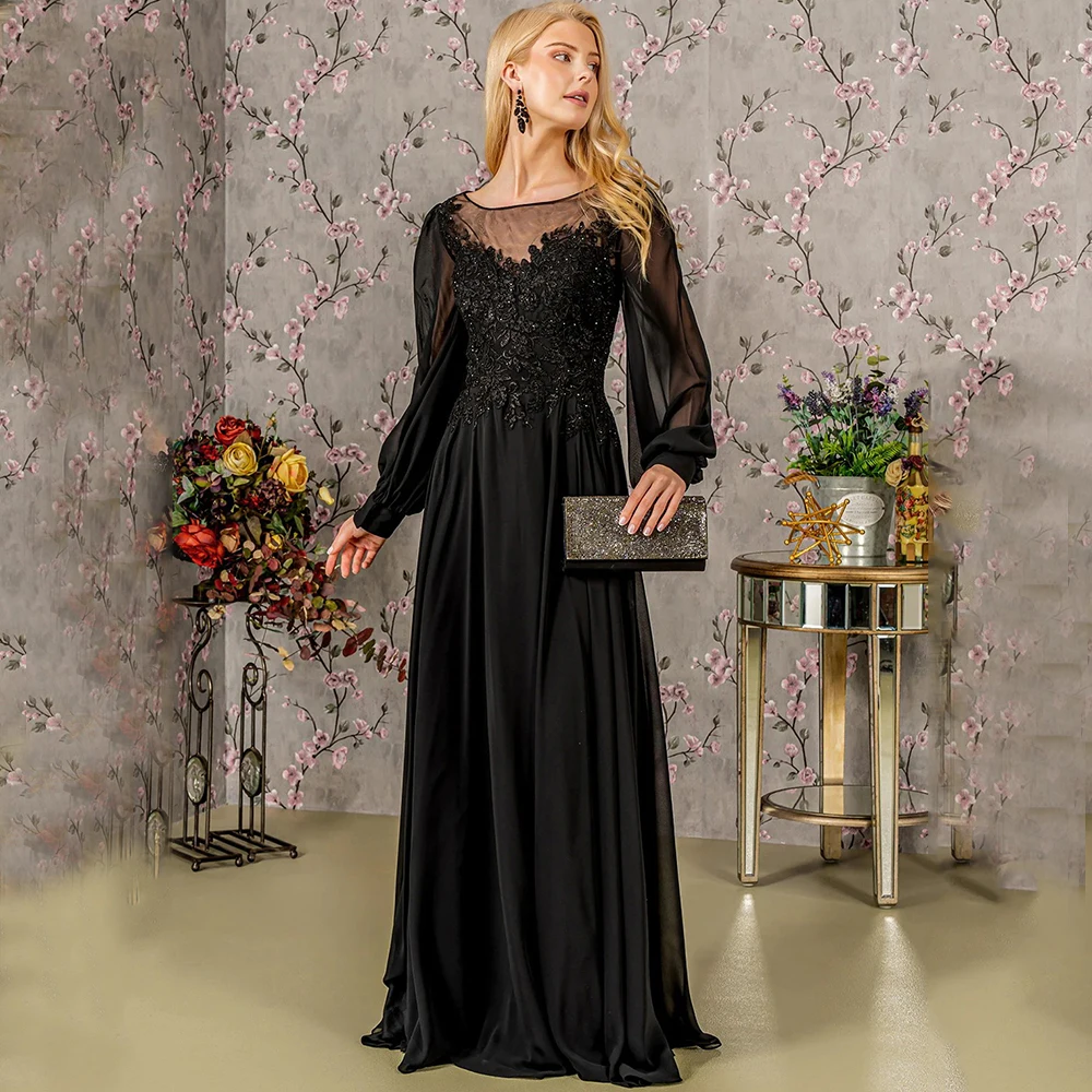 

Classic Chiffon Mother of the Bride Dress Scoop Neck Illusion Long Lantern Sleeves Applique Floor Length A-Line Women Gowns
