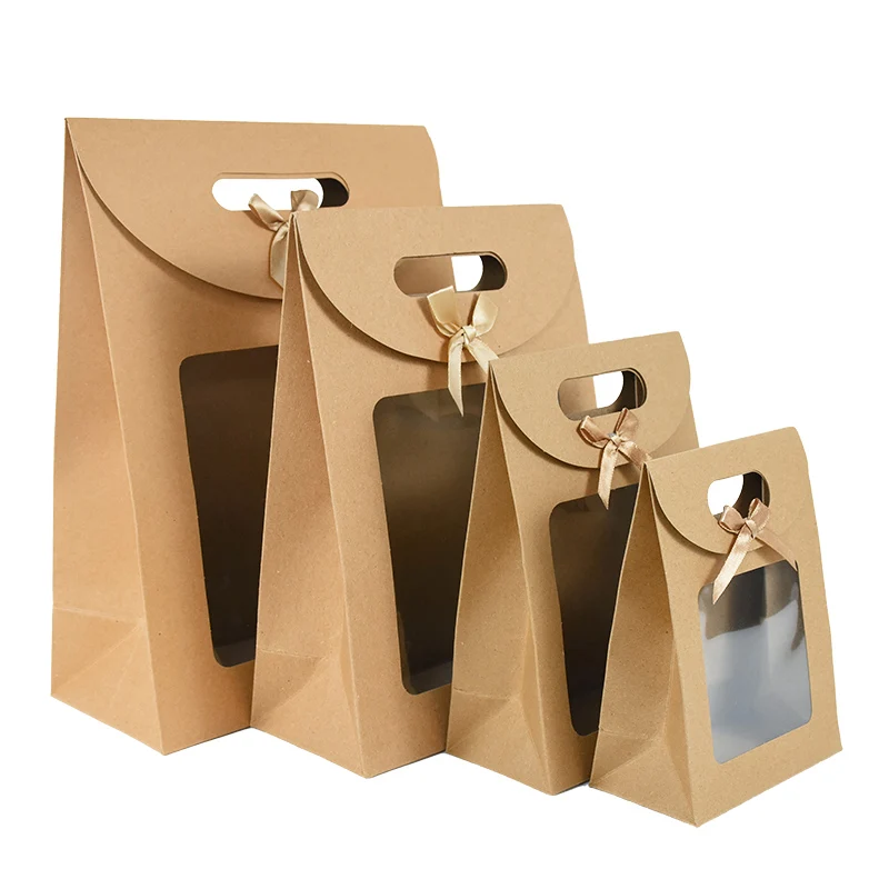 2pcs Kraft Paper Portable Gift Bags Multi-Size Candy Gift Packaging Box with Clear Window Wedding Favors Birthday Party Supplies