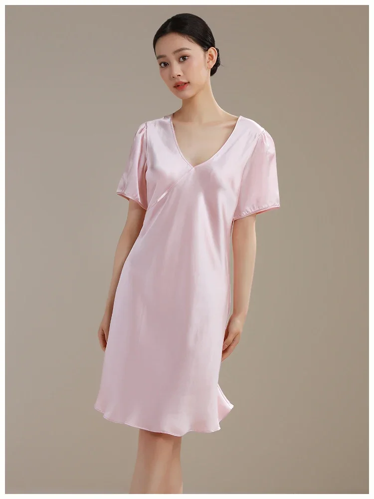 

19MM Natural Heavy Silk Short Sleeve Chemise Solid Nightdress 100% Mulberry Silk Christmas Midi Nightgown Sexy Nighty Sleepwear