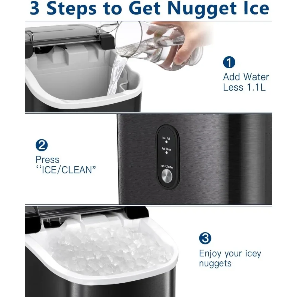 Nugget Ice Maker Countertop with HandlePebble Ice Machine with Soft Chewable Ice, Self-Cleaning, One-Click Operation,