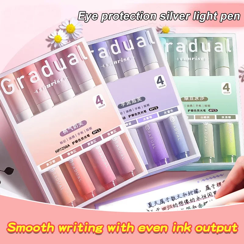 4 eye protection highlighter pens - shovel tip, non penetrating, non smudging, suitable for diaries, school and office supplies
