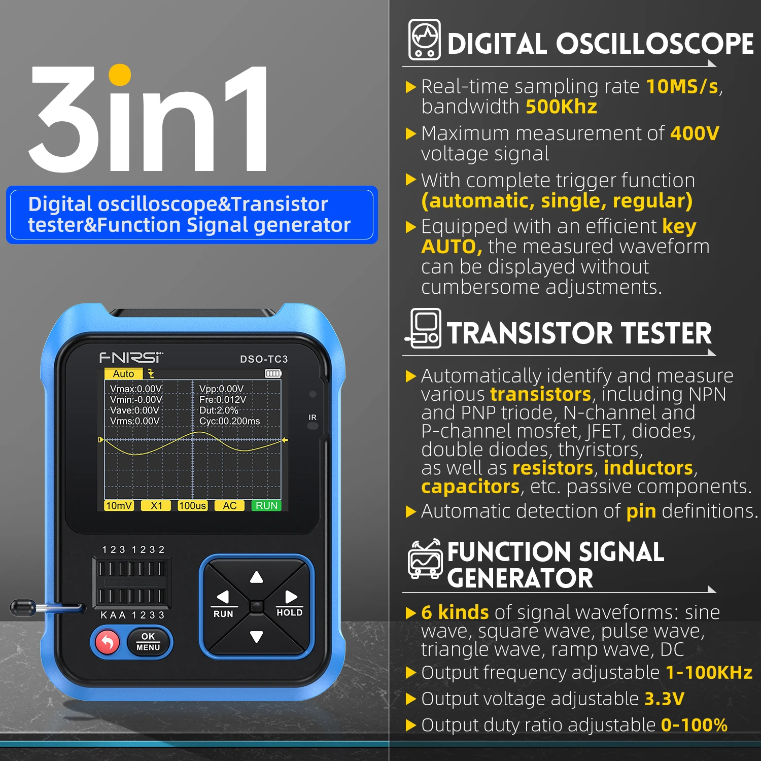 FNIRSI DSO-TC3 oscilloscopio digitale 3 in 1 funzione generatore di segnale Transistor Tester Test di tensione 500KHz 10 MS/s