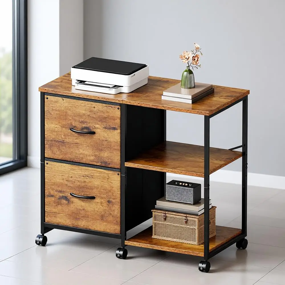 

Rustic Brown Rolling Printer Stand with Open Storage Shelf for Home Office