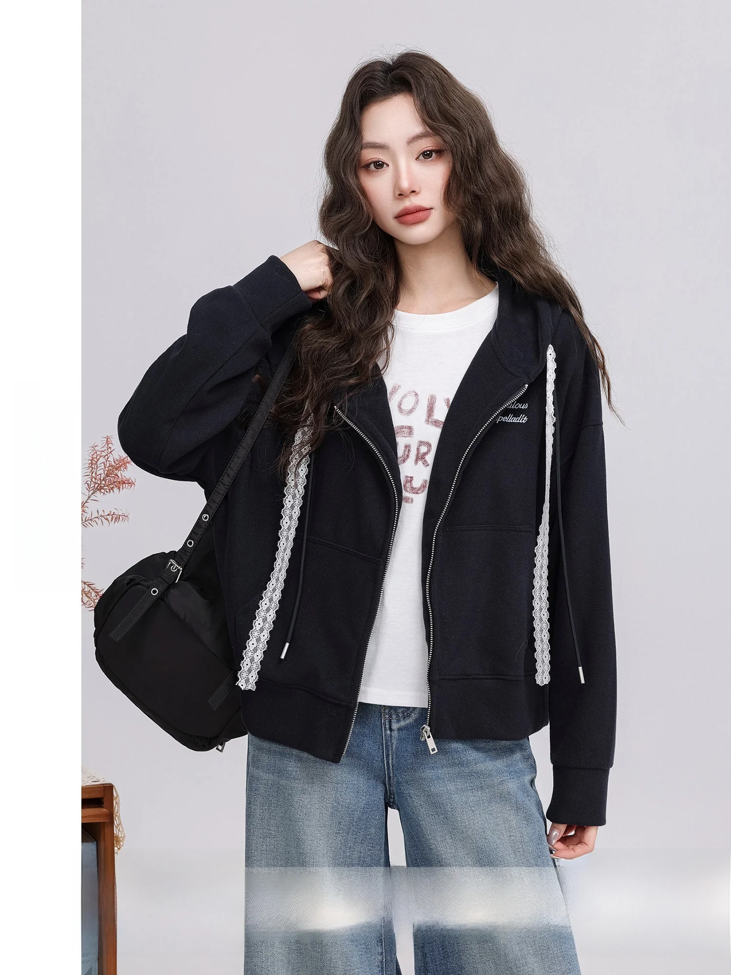 

Loose Women's Hoodie Jaet Embroidered Comfortable Spring Commute Sle Long Sve Cotton Polyester Blend Zipper Closure