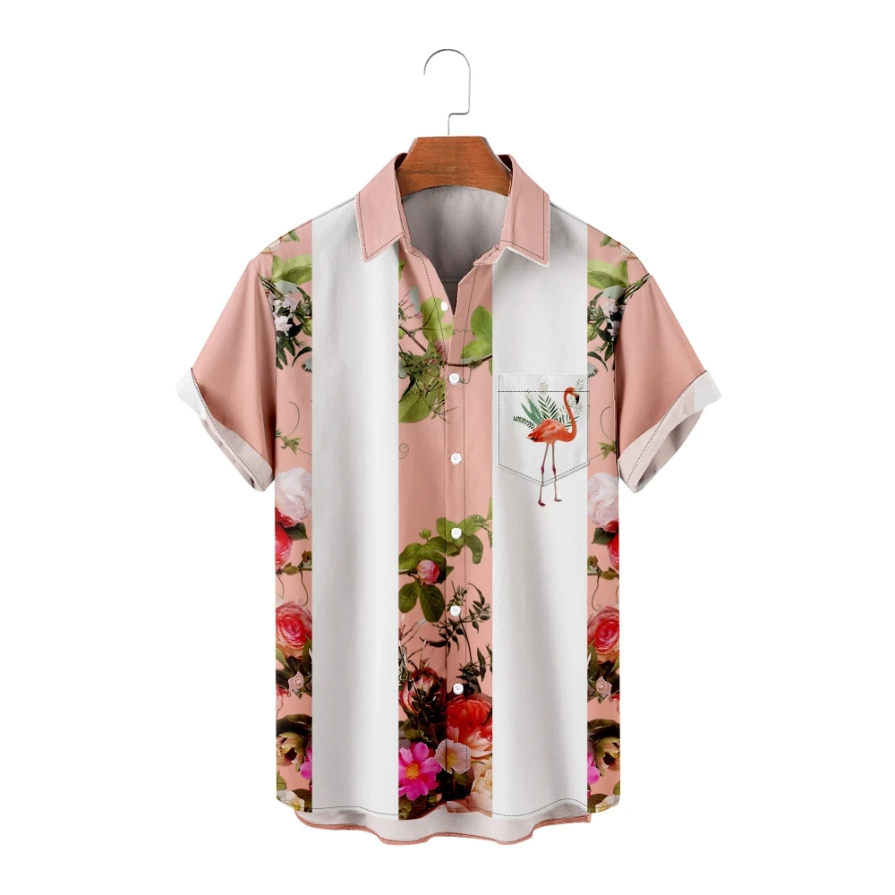 Casual Hawaiiaanse overhemden voor heren Flamingo's Print Witte strepen Roze shirts met korte mouwen Koele zomertops Vintage ademend