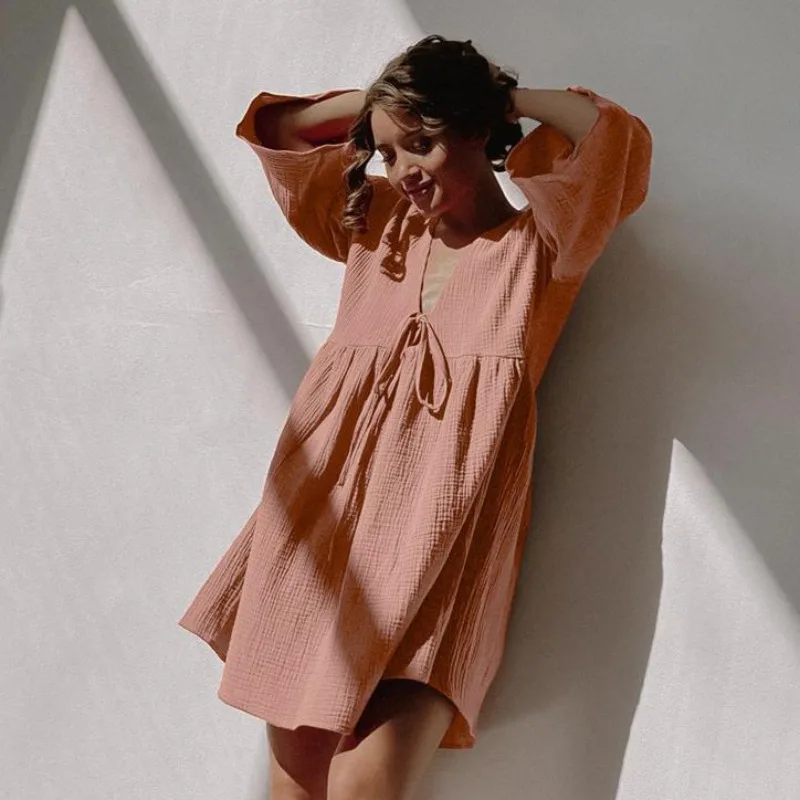 Loose Night Dress Women Cotton Peplum Half Sleeve V Neck Sleepwear Female Spring Casual Woman Dresses Solid Sleepwear Pajamas