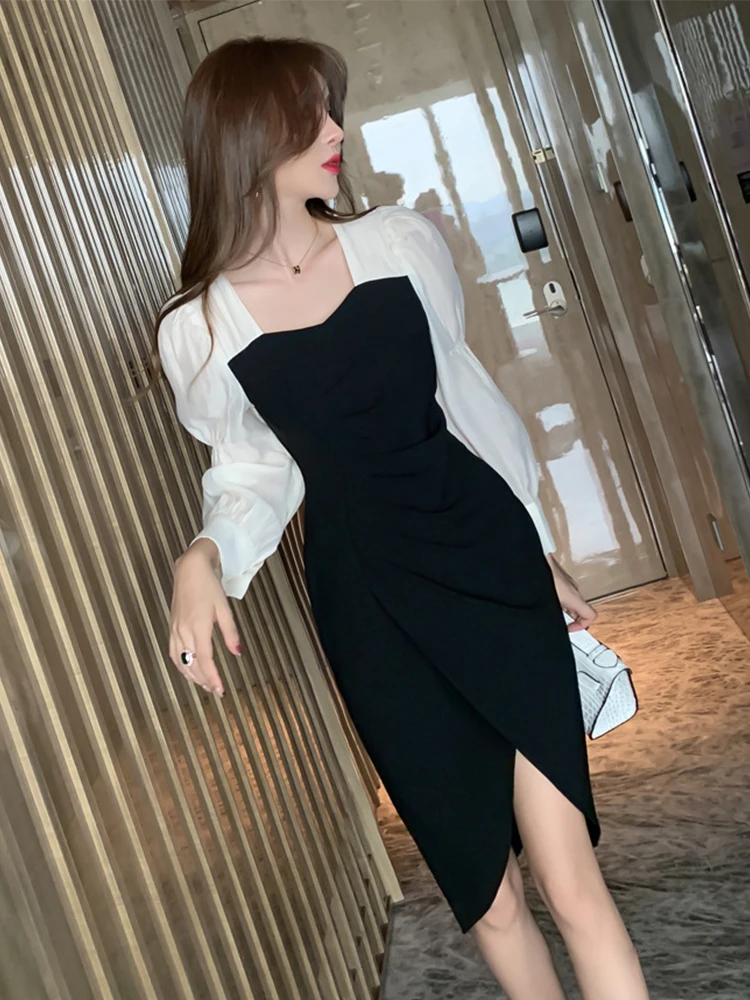 Spring Women Midi Dress Temperament Elegant Puff Long Sleeve Folds Asymmetrical Split Femme Outfit Korean Style Vestidos Mujer