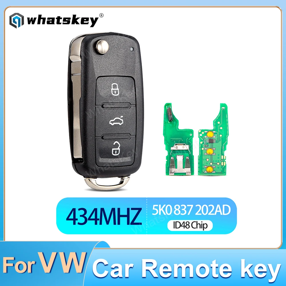 WhatsKey 3 BNT Flip Car Remote Key 434MHz ID48 For Volkswagen VW Golf Beetle Caddy Polo Touran Scirocco Tiguan Skoda 5K0837202AD