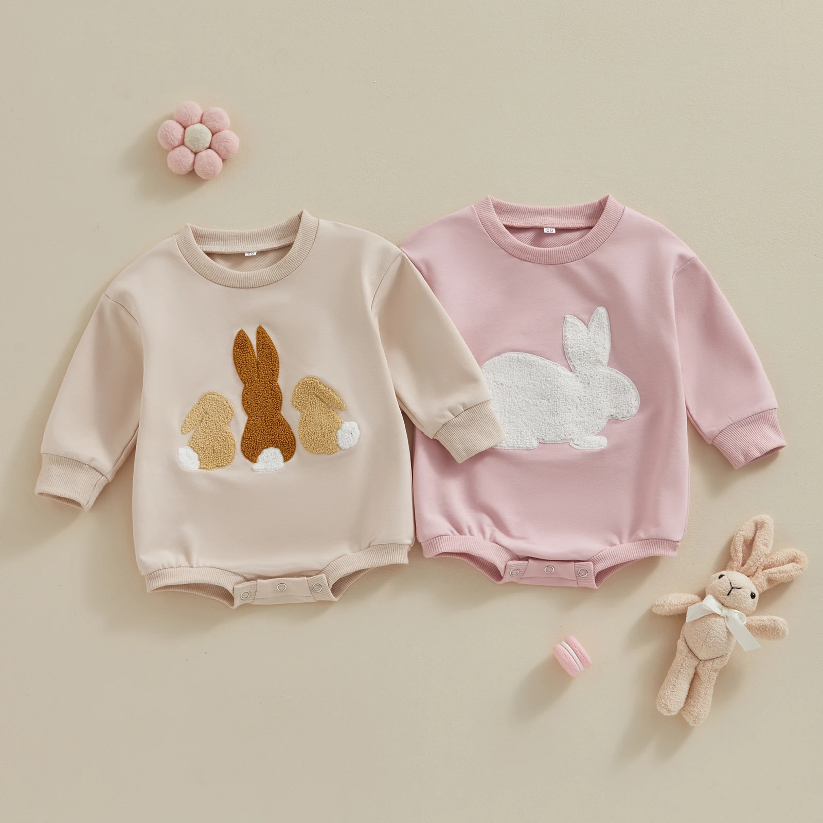 

2024-01-13 Lioraitiin Baby Girl Boy Easter Outfit Bunny Embroidery Sweatshirt Romper Long Sleeve O-neck Jumpsuit Spring Clothes