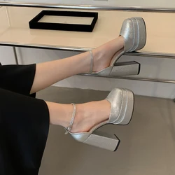 Gold Heels For Women Square Toe Platform Heels 12cm Comfort Party Dress Shoes Silver Block Spring Ladies Pupms Sapatos De Mulher