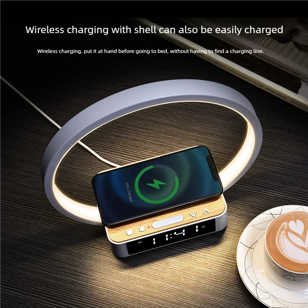 Light luxury wireless charging bedside table lamp alarm clock bedroom reading three-speed touch plug-in wood grain night light