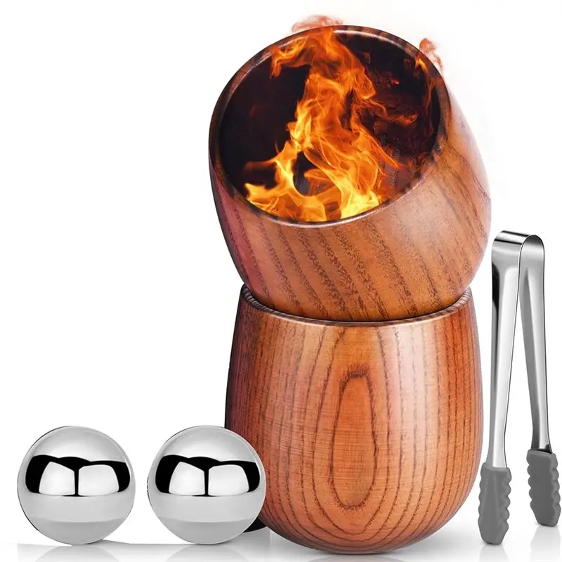 ABUN Whiskey Glasses Set Handmade Charred Wooden Glass with Stones Tongs Gifts for Men Dad 6