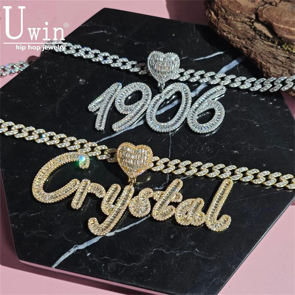 Uwin Baguettecz Heart Bail Custom Brush Cursive Letter Nameplate Necklace Iced Out CZ Numbers Pendant Best Gift Hiphop Jewelry